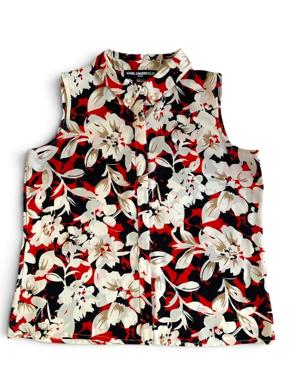 Karl Lagerfeld Floral Sleeveless Button-Front Top in Red, Navy Blue & White